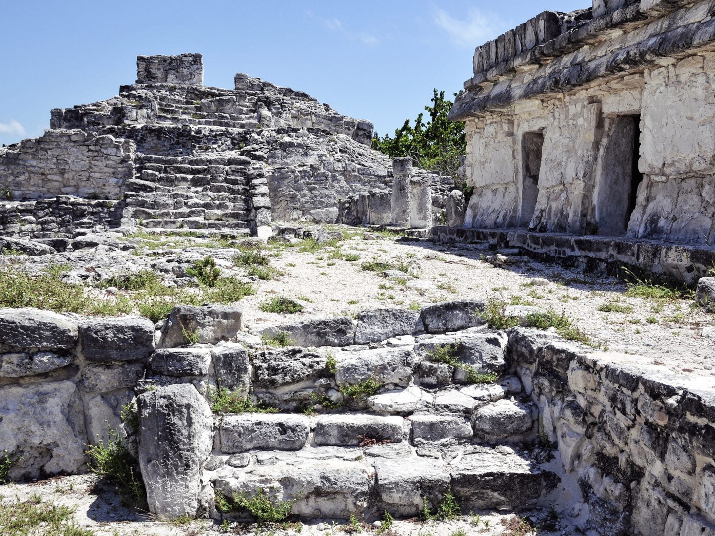 El Rey Ruins with stairs you can climb. It's one of the mayan ruins near Cancun, Mexico.