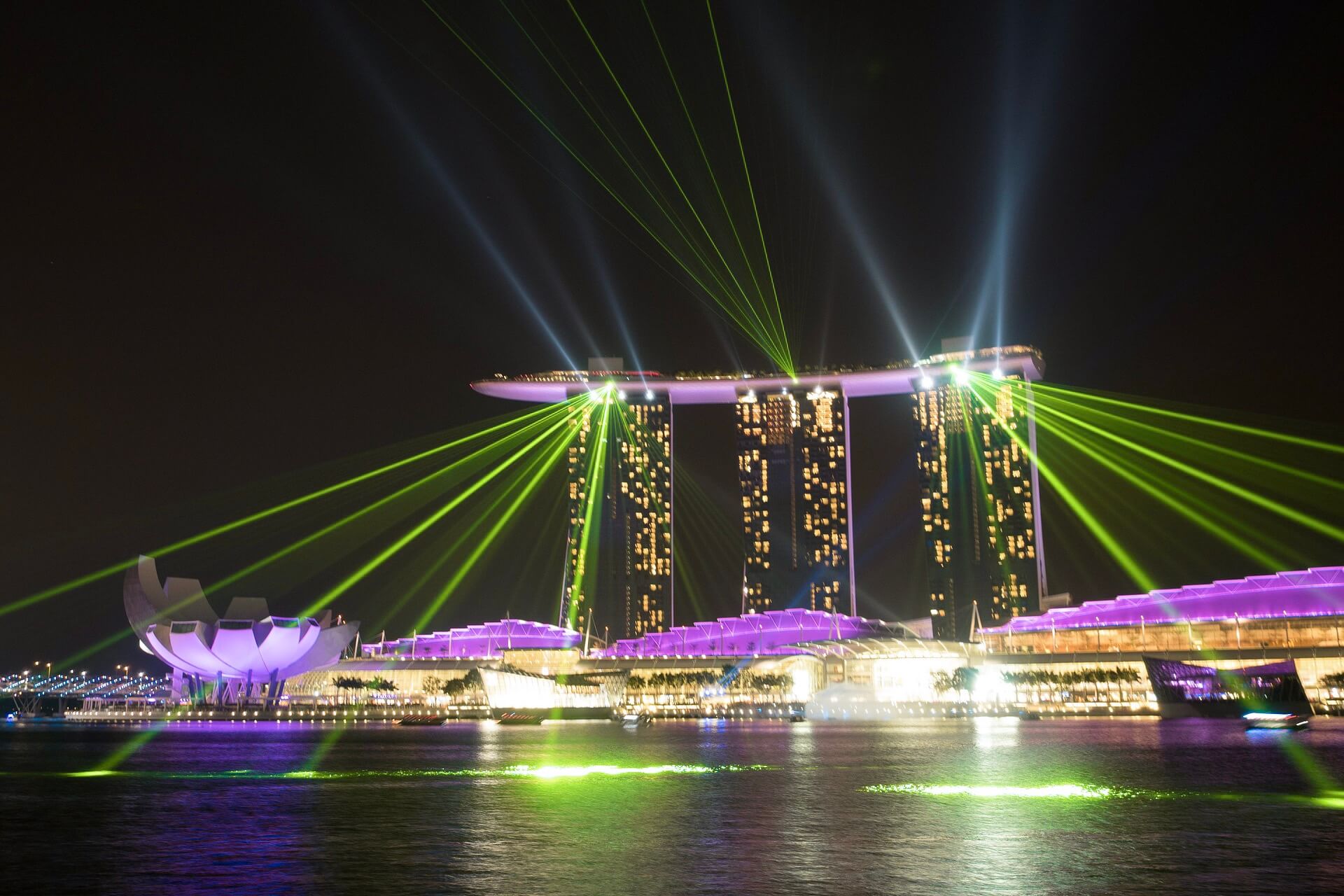 Laser lights on the Marina Bay Sands hotel at night