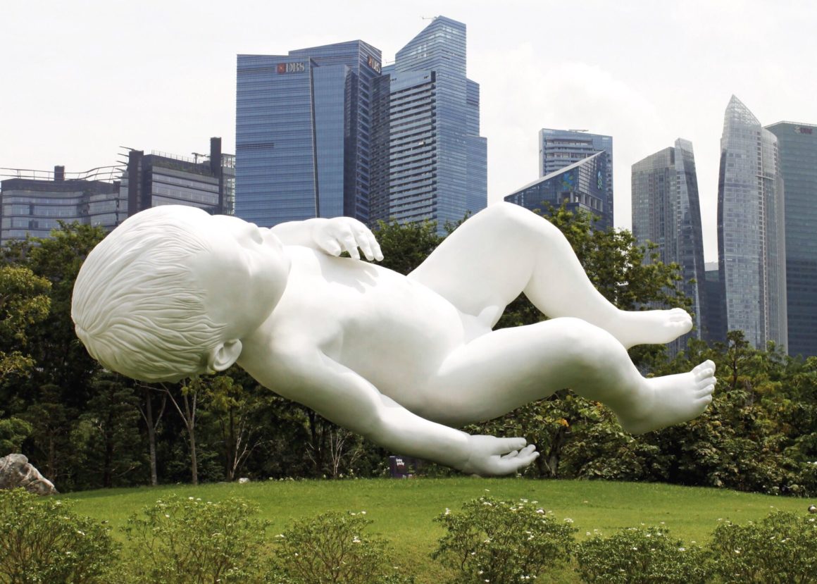 floating baby sculpture in gardens by the bay in Singapore
