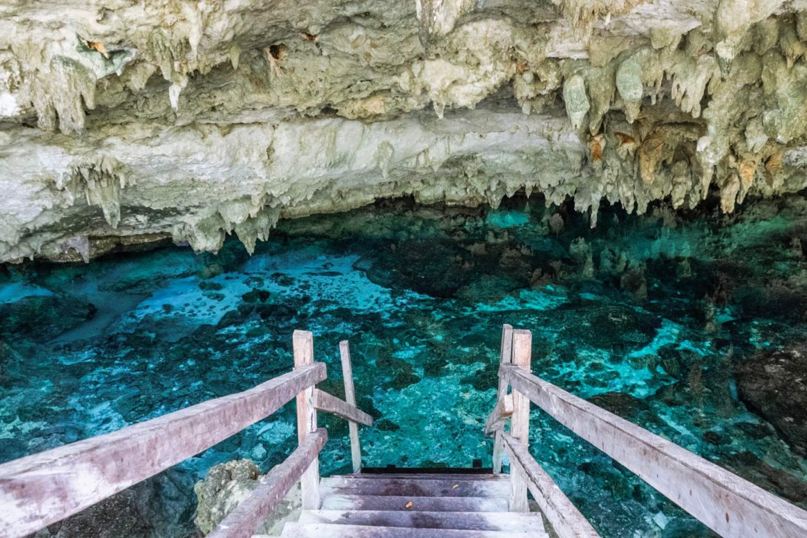 stairs going down into Gran Cenote in Tulum, Mexico