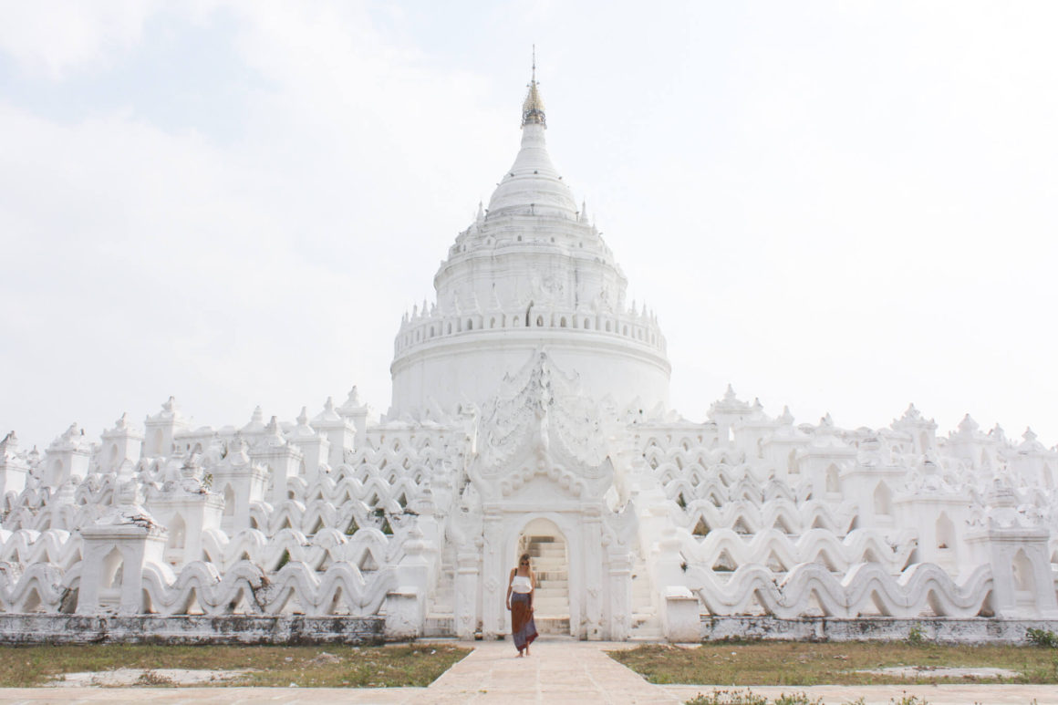 walking in front of Hsinbyume white Pagoda in Mingun, Myanmar