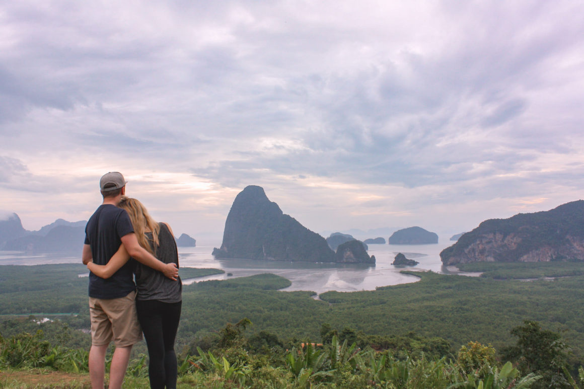 looking at the view of the limestone karsts from samet nangshe viewpoint in Phuket, thailand